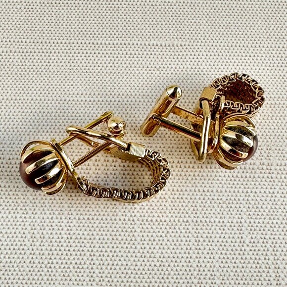 Vintage Mesh Cufflinks Gold Tone Brown Glass Cabochon, Midcentury 1950s 1960s - Picture 7 of 7